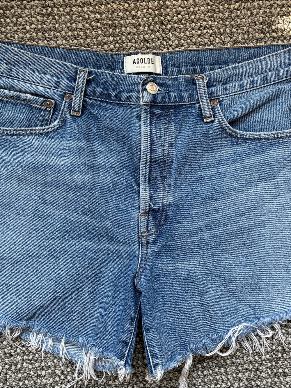 Agolde Parker Medium Blue Frayed Hem Denim Cutoff Shorts